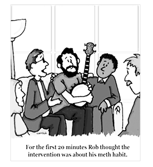 Friends talking to troubled banjoist