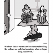 Couple watches as dog walks across the room carrying fiddle case.